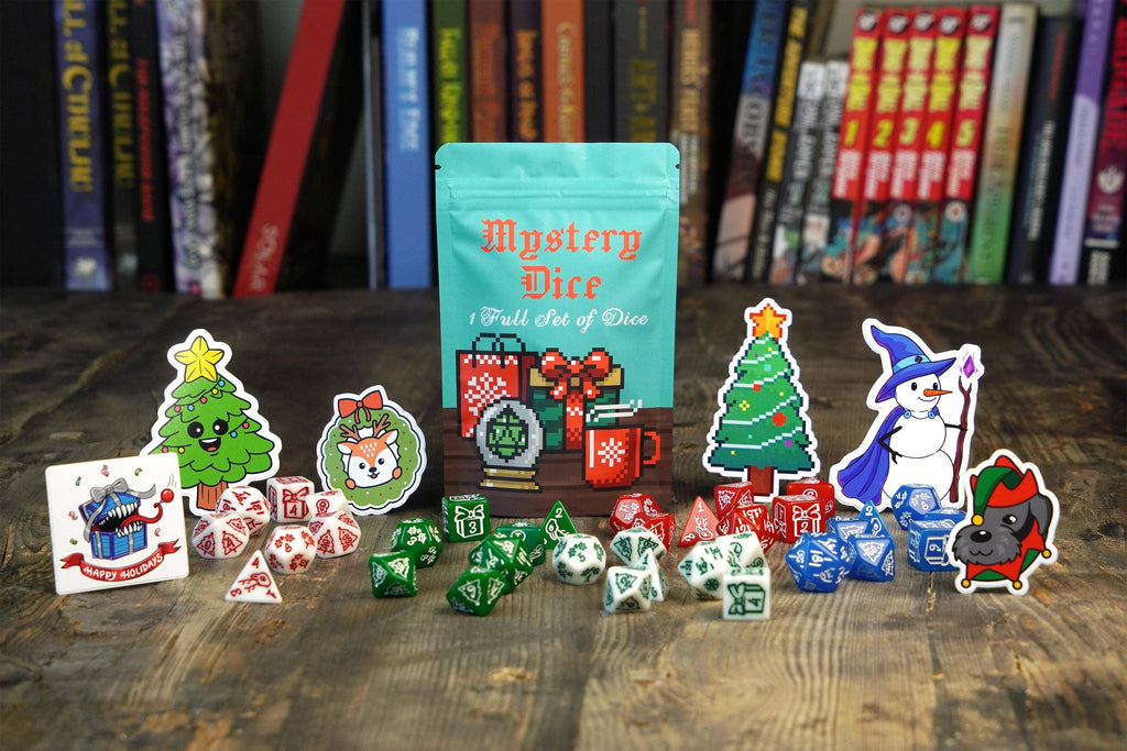 Holiday Mystery Dice Set – Festive Holiday Dice, Sticker, and Pin!