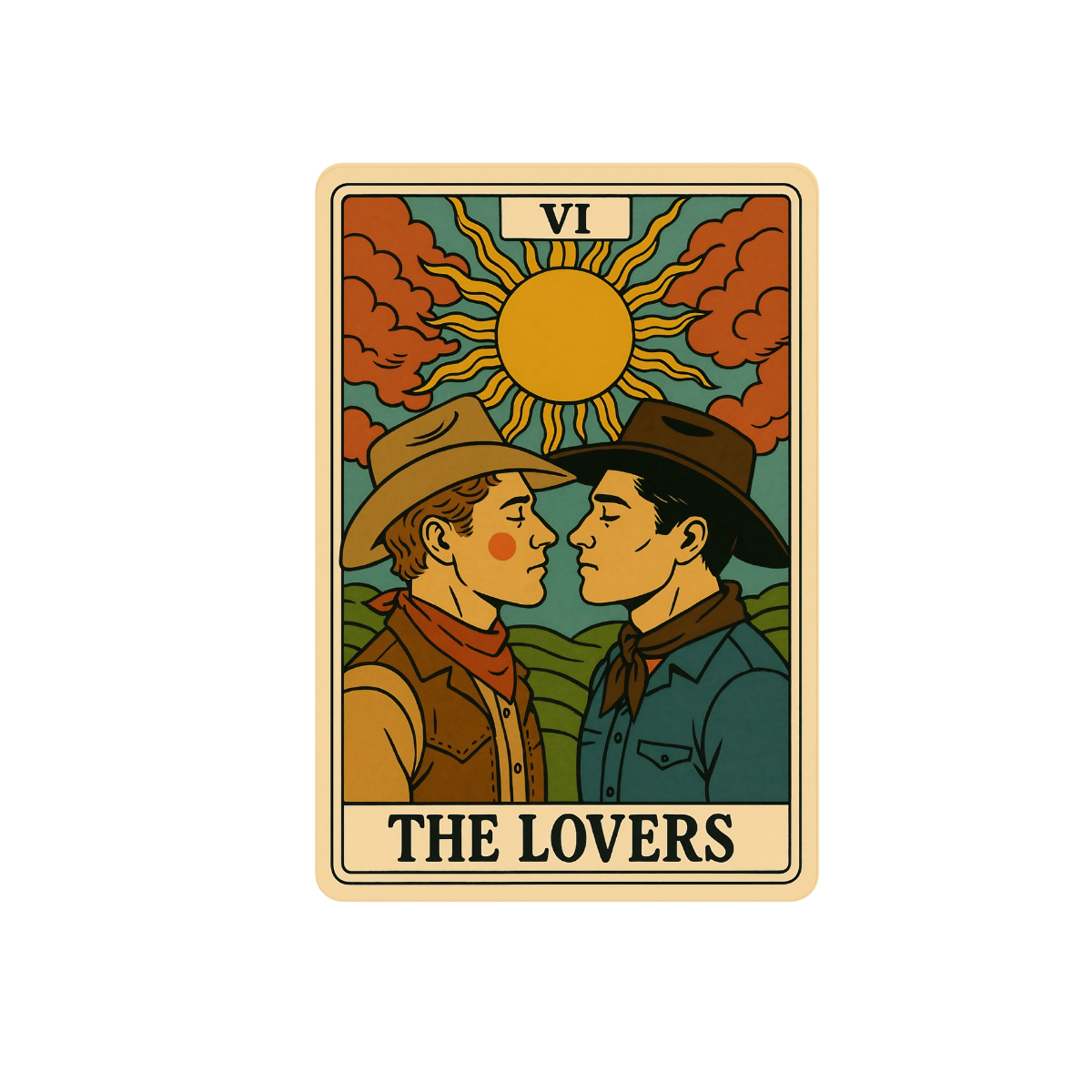 The Lovers Tarot Card Sticker, LGBTQ+ Cowboy Romance Decal