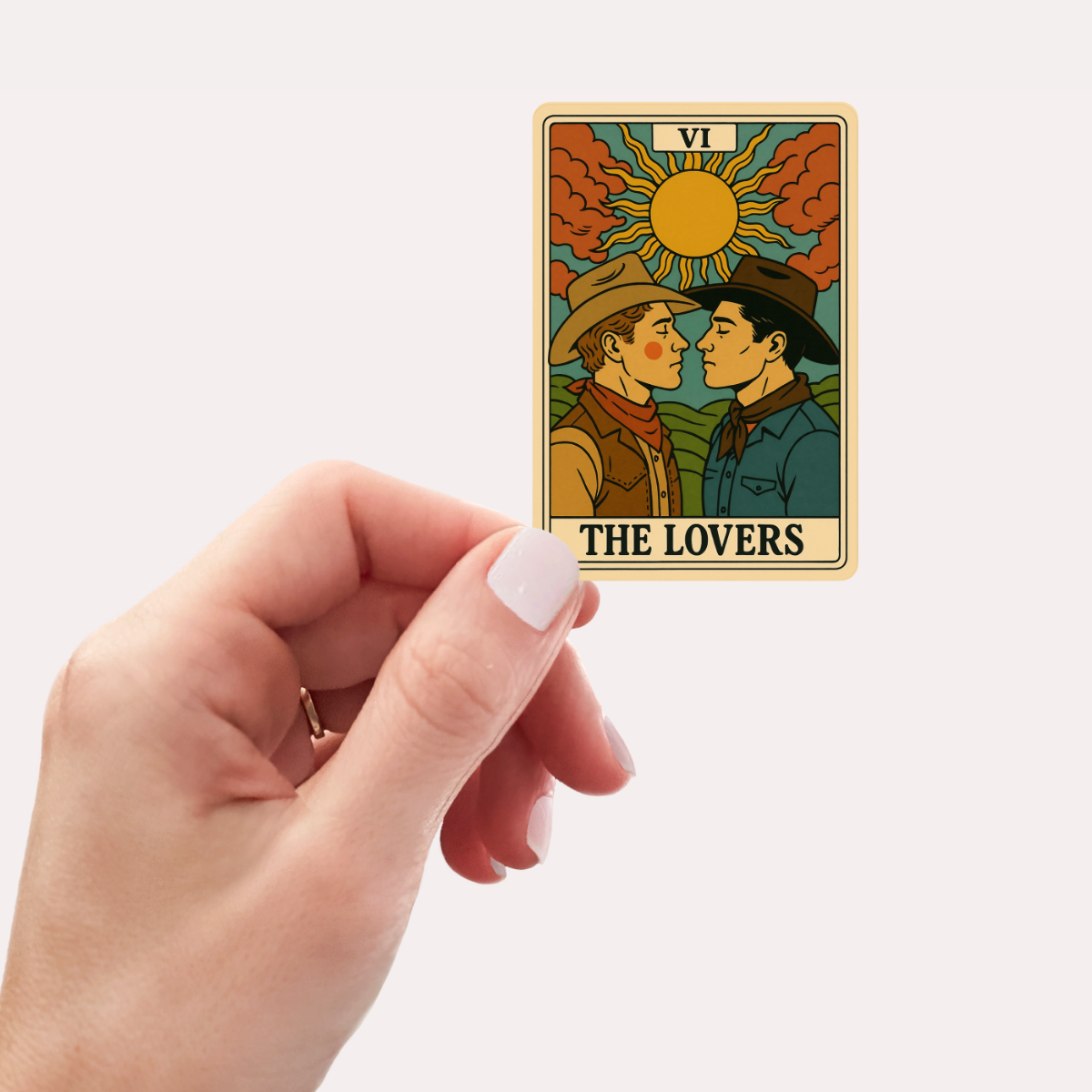 The Lovers Tarot Card Sticker, LGBTQ+ Cowboy Romance Decal