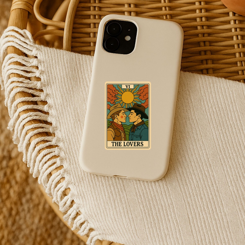 The Lovers Tarot Card Sticker, LGBTQ+ Cowboy Romance Decal